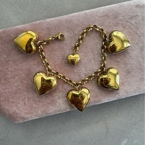 Estate Paris Signed Heart Charm Gold Plated Bracelet 8.5”